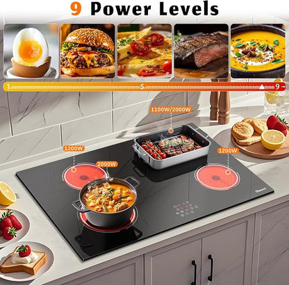30 Inch Electric Cooktop 6400W, 240V Hard Wire (No Plug) | 4 Burner Glass Electric Stovetop 30 Inches, 99-Min Timer, Safety Lock, Pause, Rual Ring, Touch Control, 220V Hard Wired