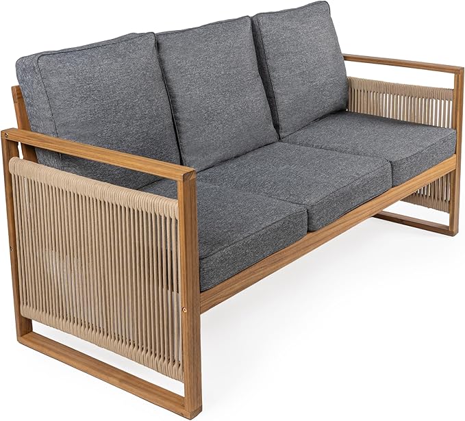 JONATHAN Y Gable Acacia Wood and Woven Rope 63" Outdoor Sofa, 3-Seater Patio Bench with Weather-Resistant Gray Cushions for Backyard and Porch, Bohemian Style, Teak Brown Finish SFB1002B