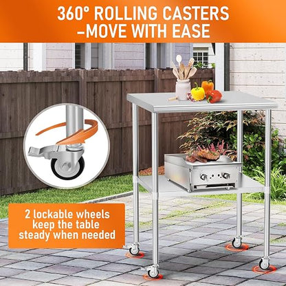 Stainless Steel Table with Wheels 30" x 30" Utility Worktable with Adjustable Undershelf for Commercial Kitchen, Garage, Restaurant