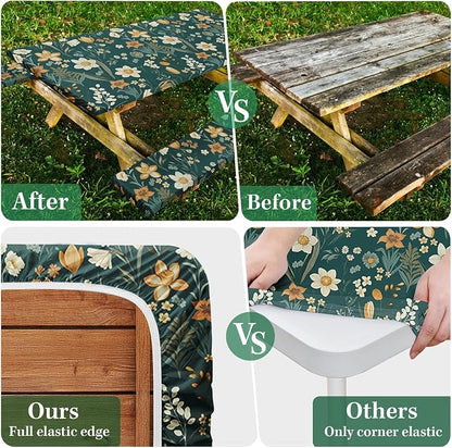 Picnic Table Cover with Bench Covers Elastic Edges, Floral Botanical Camper Fitted Table Cover, Outdoor Camping Essentials 72 Inch 3PCS, Waterproof Camping Fitted Tablecloth with Drawstring Bag