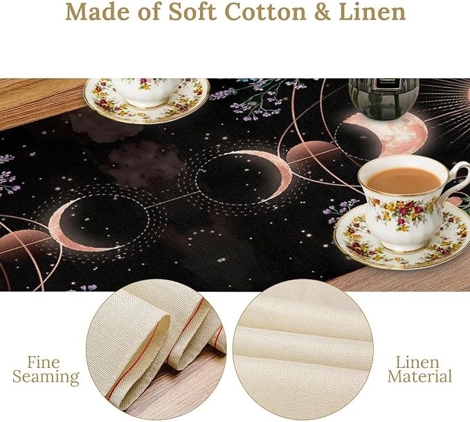 Kitchen Floral Moon Phase Table Runner for Kitchen Dining Thanksgiving Christmas Baby Wedding Party Decoration Table Decor 13x36 Inch