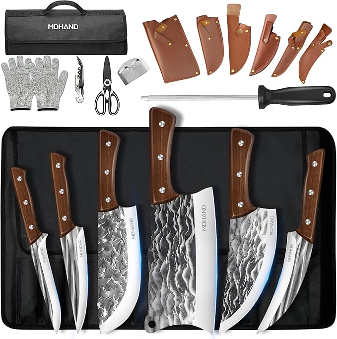 MDHAND Butcher Knife Set, Hand Forged Butcher Chef Knife Set with Roll Bag, Sharp Heavy Duty Meat Cleaver Knife & Bone Chopper Knives & Fillet Knives for BBQ, Outdoor Camping, Gifts for Men Women