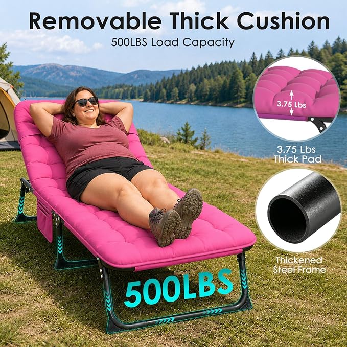 Suteck Tanning Chair with Face Hole, Folding Beach Lounge Chairs, Pink | Adjustable 5-Position Reclining Chaise, Removable Cushion & Pillow, Cooler Bag, 500Lbs Heavy-Duty for Outdoor Camping& Home