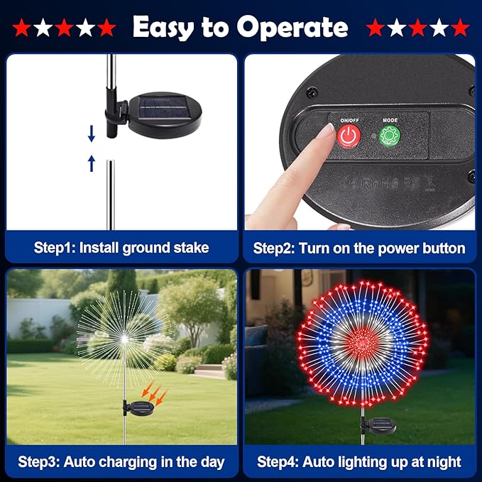 4th of July Decorations Solar Fireworks Lights, 4 Pack 180LED Red White Blue Lights with 8 Modes, Waterproof Solar Garden Light Outdoor for Memorial Day, Fourth of July, Patriotic Decorations