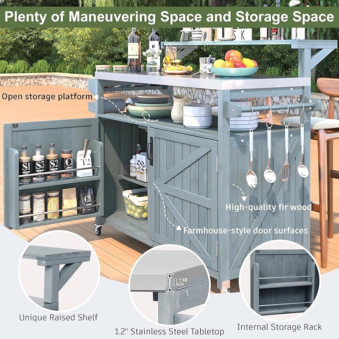53.3" Outdoor Kitchen Island with Raised Shelf, Solid Wood Rolling Grill Cart with Stainless Steel Top, Storage Cabinet with Internal Racks, Adjustable Shelves & Spice Rack