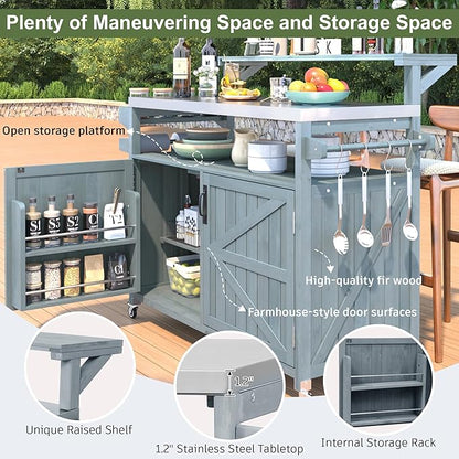 53.3" Outdoor Kitchen Island with Raised Shelf, Solid Wood Rolling Grill Cart with Stainless Steel Top, Storage Cabinet with Internal Racks, Adjustable Shelves & Spice Rack