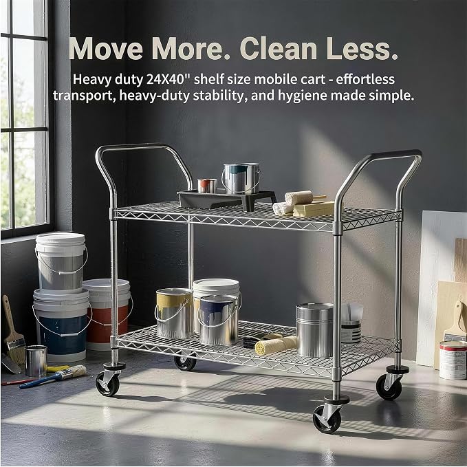 Finnhomy 2 Tier Commercial Grade Rolling Cart, Heavy Duty Utility Cart, Carts with Wheels and Handles, Kitchen Carts on Wheels, Metal Cart with 600 lbs Capacity, Shelf Size 23.6"Dx47.2"W x 39.4"H, NSF