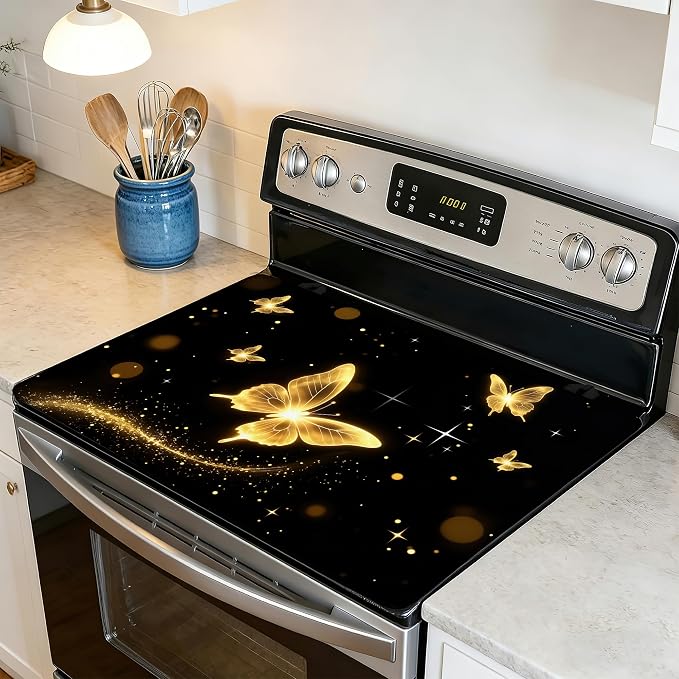 Stove Top Covers for Electric Stove,Glowing Butterfly Flat Top Stove Cover,Dark Color Heat Resistant Glass Top Stove Cover Protector Anti-Slip Range Covers, 28 x 20 Inch