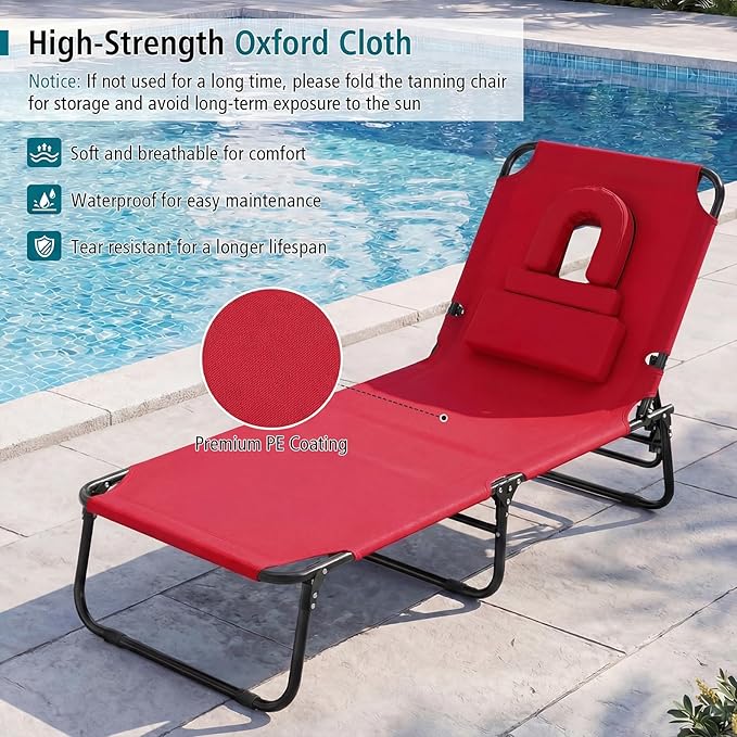 GYMAX Tanning Chair, Folding Lounge Chairs with Face Hole & Cover, Removable Pillow Carry Handle, Portable Compact Outdoor Layout Recliner for Beach, Poolside, Lawn, Patio, Camping (Red,2)