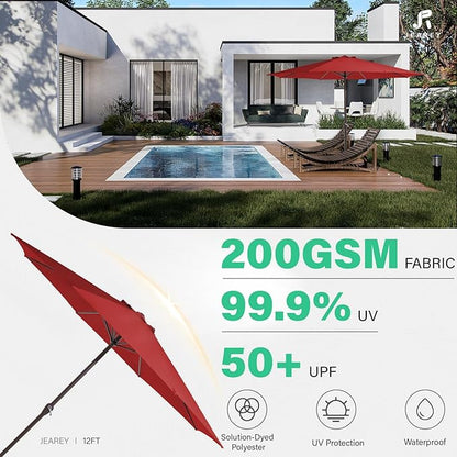 JEAREY 12' Patio Umbrellas Outdoor Table Market Umbrella w/Crank, 8 Sturdy Ribs, UV Protection Windproof for Garden, Deck, Backyard, Pool(Red)