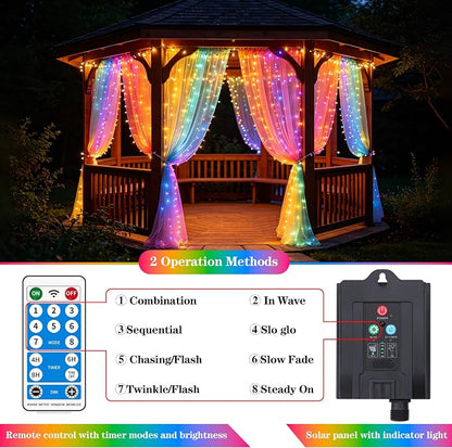 Solar Curtain Lights Outdoor Waterproof, 300LED 9.8x9.8FT Fairy String Lights with USB-C & Solar Charging, Remote Timer Twinkle Waterfall Lights for Patio Garden Wedding Decor (Colorful)