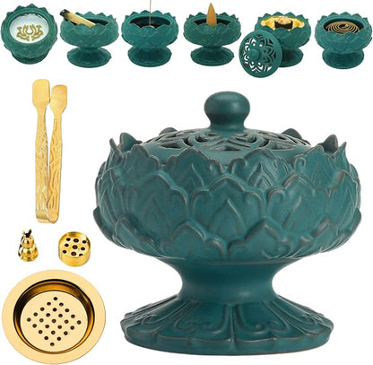 Ceramic Incense Burner for Frankincense, Bakhoor, Charcoal, Stick, Powder, Cone, Coil, and Tower Incense - Accessories for Meditation and Aromatherapy with Tweezers