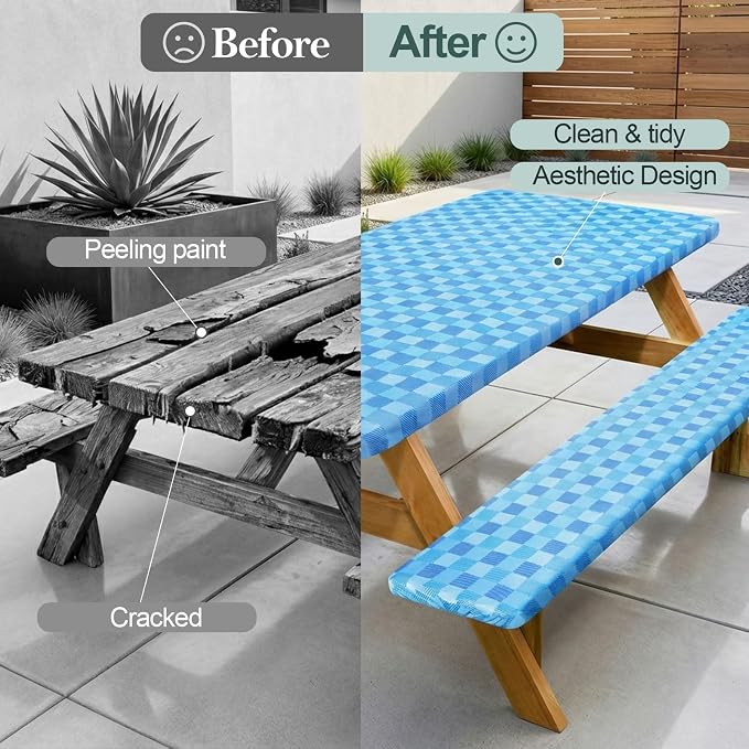 Picnic Table Cover with Bench Covers Camping Essentials Waterproof Windproof Camping Tablecloth with Drawstring Bag, Fitted Rectangle Tables and Seats, 72in, Blue | Waterproof Vinyl for Outdoor, Windproof Elastic Fitted Edges, RV BBQ Accessories Must H...