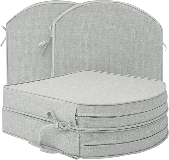 Outdoor Chair Cushions, D Shaped, Set of 4, 19 x 19 in, Light Grey | Fade-Resistant, Water-Resistant, Patio Furniture Seat Chair Pads Replacement, Non-Slip Bottom with Ties, Removable Cover