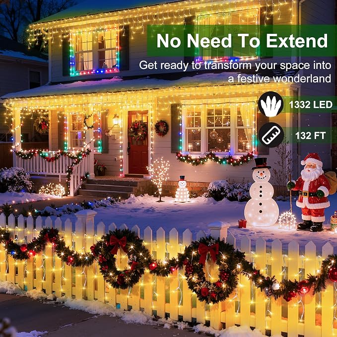 1332 LED 132FT Christmas Lights,296 Drops Icicle Lights with 12 Modes | Warm White Icicle String Lights with Timer and Dimming for Long Rooflines, Wide Eaves, Storefronts and Wedding Backdrops