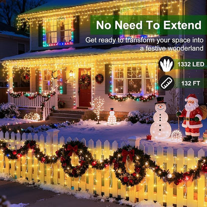 1332 LED 132FT Christmas Lights,296 Drops Icicle Lights with 12 Modes | Warm White Icicle String Lights with Timer and Dimming for Long Rooflines, Wide Eaves, Storefronts and Wedding Backdrops