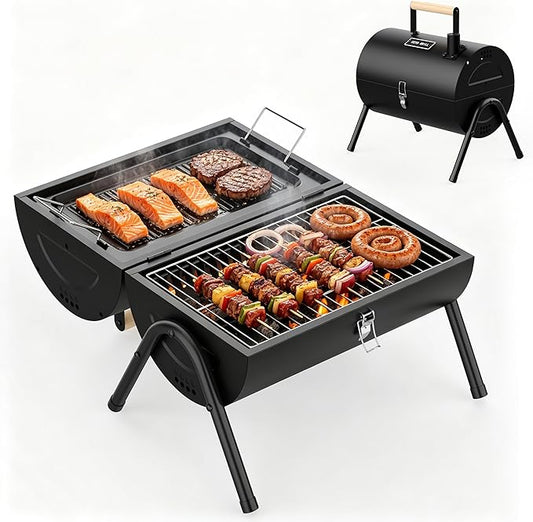 KEYO GRILL Portable Charcoal Grill, 2 IN 1 Double-Sided Small Tabletop Barbecue Grill with Enameled Baking Dish, Heavy Duty small charcoal grill for Outdoor Camping BBQ Grilling Backyard Party Cooking