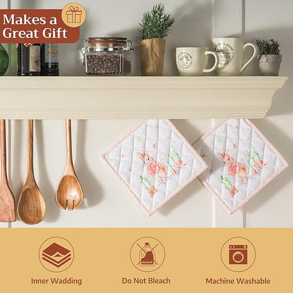 Maison d' Hermine Pot Holders 100% Cotton Heat Resistant Potholders 8" x 8" Hot Pads with Loop BBQ Cooking Baking Hotel Farmhouse Kitchen Handling Hot Pans Spring Summer (Pack of 1, Bunny Party)