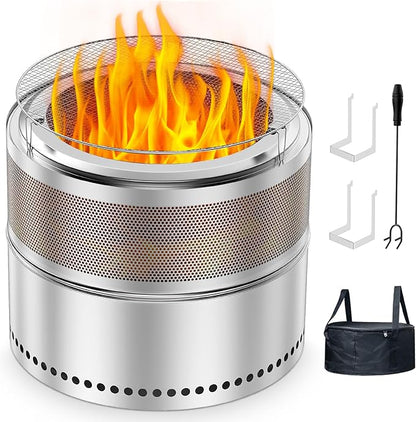 Smokeless Fire Pit Outdoor, 20 Inch Portable Stainless Steel Smokeless Firepit with Grill Grate, Ash Pan & Carry Bag, Low Smoke Wood Burning Fire Pits for Camping, RV, Patio, Compact Storage