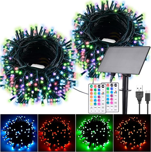 118Ft Solar String Lights Outdoor Waterproof Color Changing with Remote | 300 LEDs Christmas Lights Solar Powered & USB, RGB Twinkle Fairy Light for Xmas Outside Tree Yard Indoor Halloween Decoration
