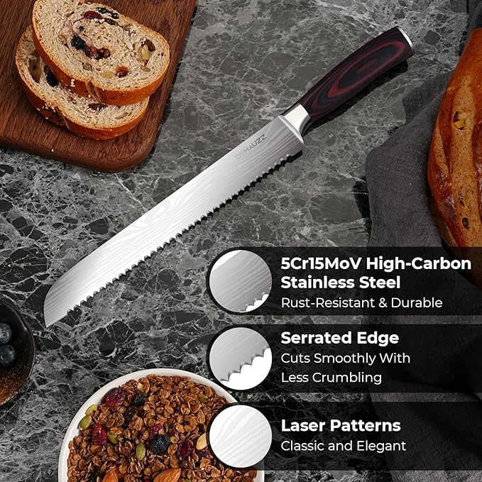 DiiHAUZZ Bread Knife for Homemade Bread, 10 Inch Serrated High Carbon Stainless Steel - Ultra Sharp Artisan Loaf Cutter for Slicing Sourdough, Crusts, Baguettes, Bagels and Cakes, Fathers Day Gift