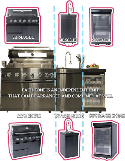 82'' Outdoor Kitchen Island, 6 Burner Modular Outdoor Kitchen, 85000 BTU | LPG, Outdoor Kitchens with Sink, 304 Stainless Steel, Refrigerator, Rotisserie kit, Granite Countertops, Black