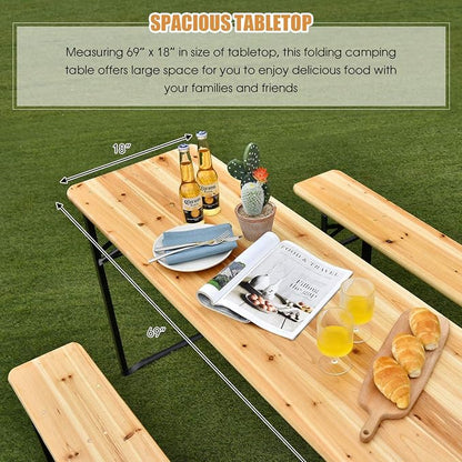 Giantex 70'' 3-Piece Portable Folding Picnic Beer Table with Seating Set Wooden Top Picnic Table for Patio Outdoor Activities Garden Use, 30'' Table Height