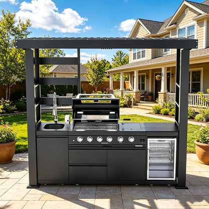 97" Stainless Steel Outdoor Kitchen Island with 4-Burner 72000 BTU,Propane Grill with Side Burner,Rotisserie Oven,Galvanized Steel Roof,Granite Countertops,Beverage Fridge,Sink.(Propane Gas)