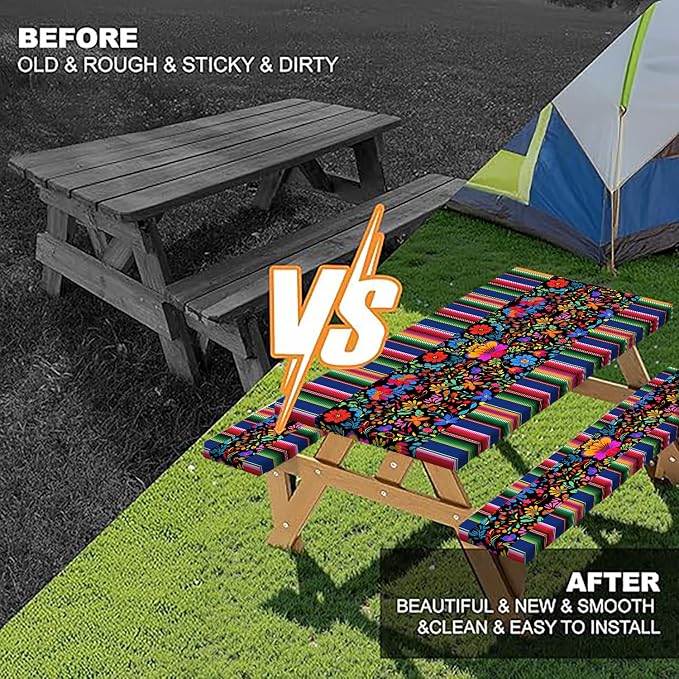 Mexico Picnic Table Cover with Bench Covers and Bag, Camping Essentials, Cinco De Mayo Fiesta Stripes Table Cloth Waterproof Fitted Tablecloth Cover with Elastic Edge for Outdoor 3 PCS 30x60 Inch
