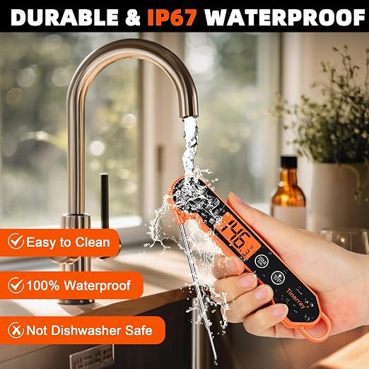 Professional Digital Meat Thermometer Instant Read Waterproof – Folding Probe Food Thermometer with Backlight & Calibration, Fast Read for BBQ, Grill, Deep Fry, Liquids, Gift for Chef (Orange)