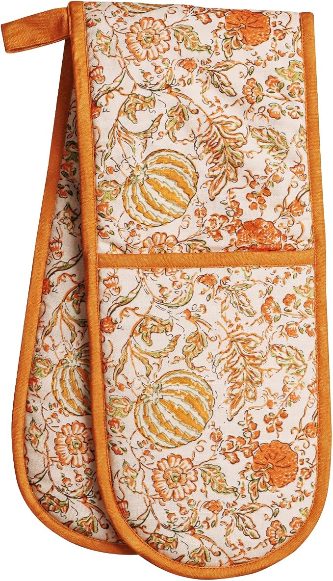 Maison d' Hermine Double Oven Mitts 100% Cotton Double Oven Glove (7"x35") | Heat Resistant BBQ Cooking Gloves with Loop Baking Kitchen Home Hotel Farmhouse Thanksgiving Christmas - Pumpkin Spice