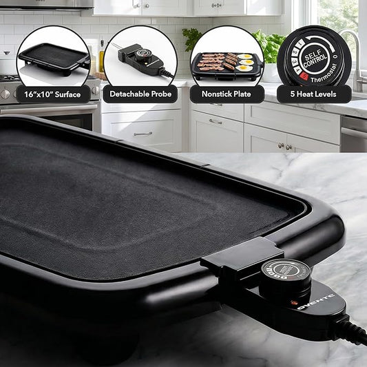 OVENTE Electric Griddle with 16 x 10 Inch Flat Non-Stick Cooking Surface, Removable and Adjustable Temperature Control, Indoor Grill for Instant Breakfast, Pancakes, Eggs or Burgers, Black GD1610B