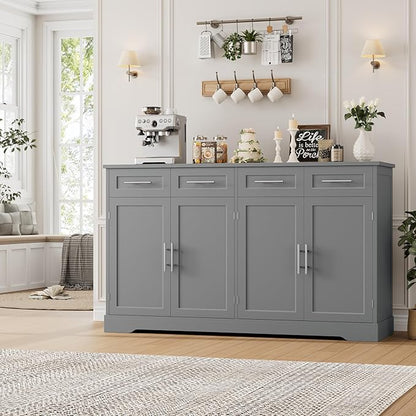 HOSTACK 60" Large Buffet Sideboard with Storage, 36" Tall Kitchen Buffet Storage Cabinet with 4 Drawers, Modern Coffee Bar Cabinet with Silver Handles, Long Sideboard Buffet Table for Kichen, Grey