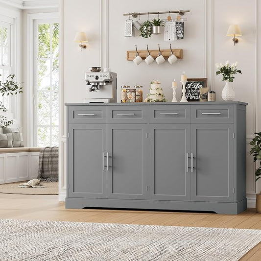 HOSTACK 60" Large Buffet Sideboard with Storage, 36" Tall Kitchen Buffet Storage Cabinet with 4 Drawers, Modern Coffee Bar Cabinet with Silver Handles, Long Sideboard Buffet Table for Kichen, Grey