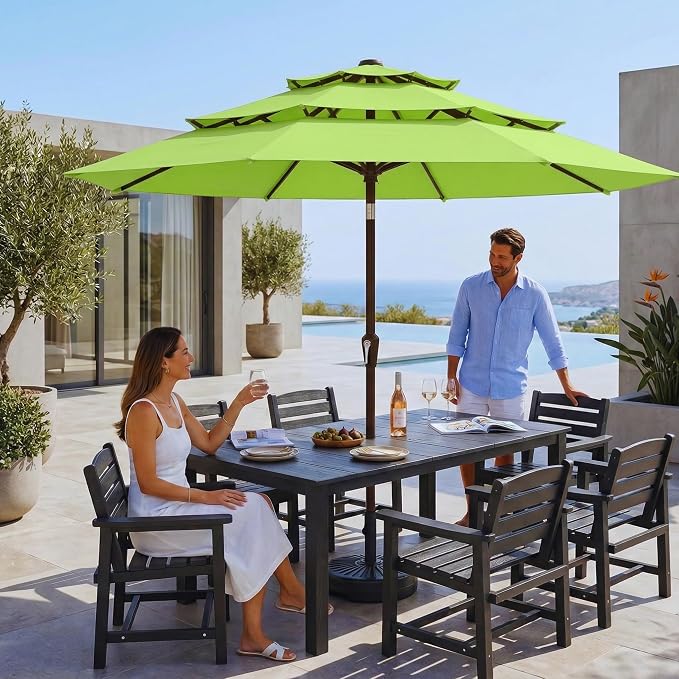 10ft 3 Tier Patio Umbrella, Outdoor Market Table Umbrella with UPF 50+ Vented Canopy, 8 Sturdy Ribs, Easy Push Button Tilt and Crank, Windproof for Deck, Pool, Backyard and Garden