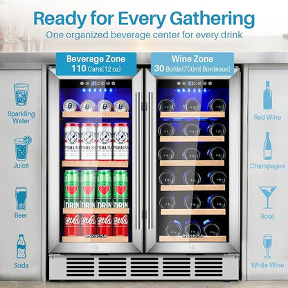30 Inch Wine and Beverage Refrigerator Dual Zone Wine Fridge Beverage Cooler with Glass Door, Large Capacity Holds 110 Cans and 30 Bottles Built In or Freestanding for Home Bar, Kitchen