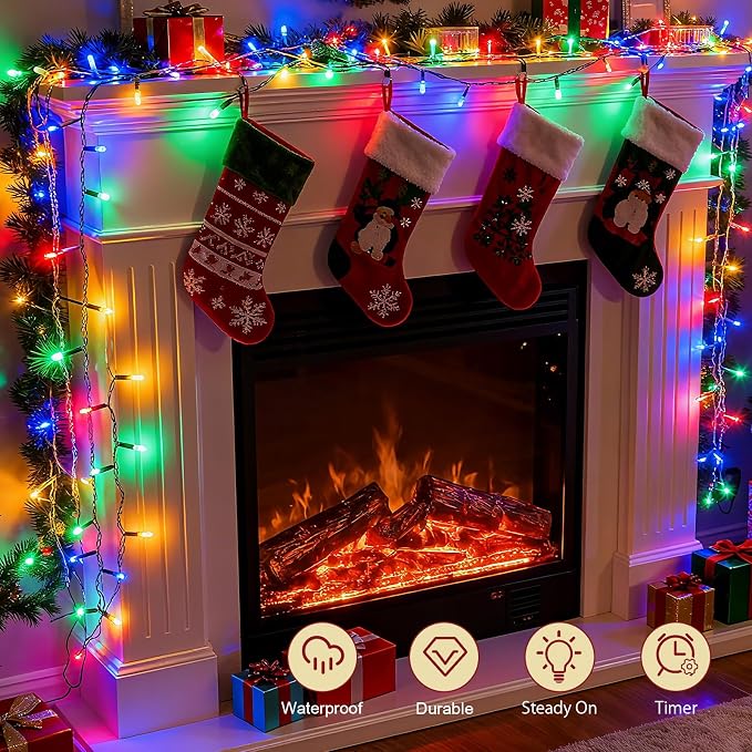cshare Christmas String Lights Outdoor Waterproof 9.8ft 30 LED, Muliticolor Fairy Lights Battery Operated with Timer Clear Wire for Indoor & Outdoor Christmas Decorations Garland Party Garden