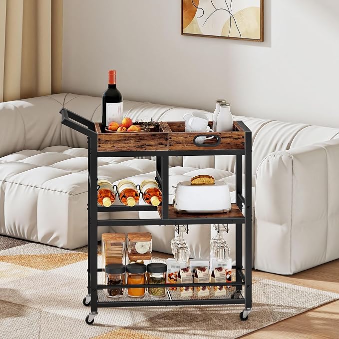 HOOBRO Bar Cart, Bar Cart for The Home, 3-Tier Home Bar Serving Cart with Removable Tray, Kitchen Cart with Wine Rack and Glass Holder, for Bar, Living Room, Party, Rustic Brown and Black BF62TC01