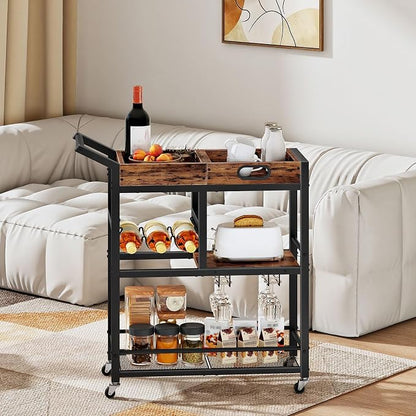 HOOBRO Bar Cart, Bar Cart for The Home, 3-Tier Home Bar Serving Cart with Removable Tray, Kitchen Cart with Wine Rack and Glass Holder, for Bar, Living Room, Party, Rustic Brown and Black BF62TC01
