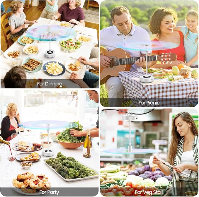 TriPole Fly Fans for Tables with Battery Display, Rechargeable, 20H Runtime | 2000mAh Rechargeable Food Fan, Quiet Operation, Flexible Neck for 360° Coverage Outdoor Fan for Picnic, Party, BBQ, Kitchen