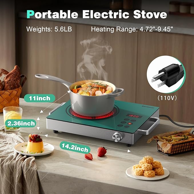 Karinear Portable Electric Stove 110V, 1800W Electric Hot Plate with Handle, Knob Control Single Burner Electri Cooktop, Ceramic Infrared Countertop Burner, Timer, Safety Lock(Green)