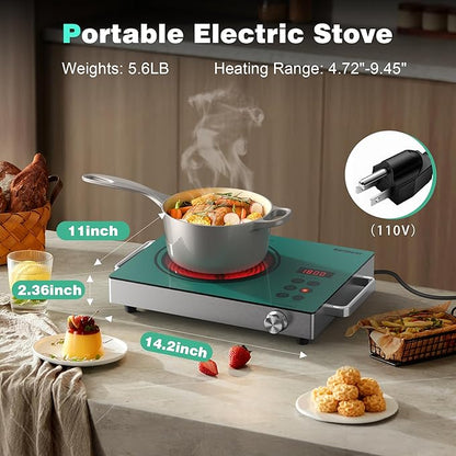 Karinear Portable Electric Stove 110V, 1800W Electric Hot Plate with Handle, Knob Control Single Burner Electri Cooktop, Ceramic Infrared Countertop Burner, Timer, Safety Lock(Green)
