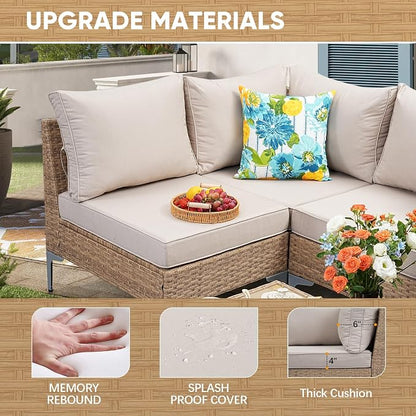 JOYURE 7 Piece Wicker Patio Furniture Set,Outdoor Conversation Sectional Sofa w/Coffee Table,All-Weather Outdoor Sofa with Thick and Anti-Slip Cushions for Deck,Poolside,Garden,Beige