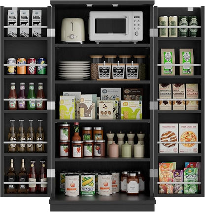 Pantry Cabinet, 47in Wooden Kitchen Storage Pantry Cabinet, Freestanding Storage Cabinets with 2 Doors, Adjustable Shelves, Black
