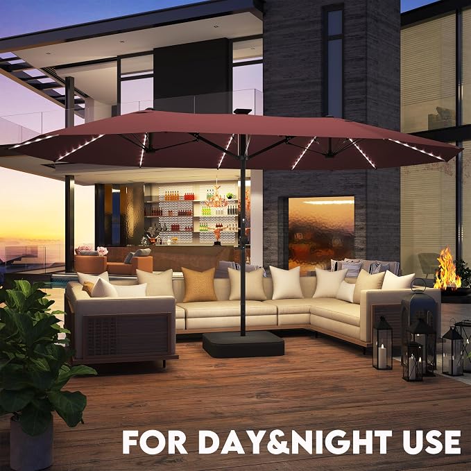 GDPFN 15ft Large Patio Umbrella with Solar Lights, Outdoor Double-Side Rectangular Umbrella with Base Included, Backyard Pool Umbrella with LED Light for Deck, Outside, Market, Burgundy