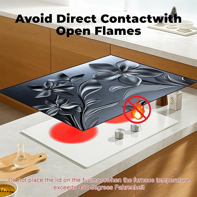 Heat-Resistant Glass Stove Top Cover with Anti-Slip Rubber Coating – Electric Stove Protector, Scratch-Resistant, Counter Space Decor Mat (Flower, 28.5"L x 20.5"W)