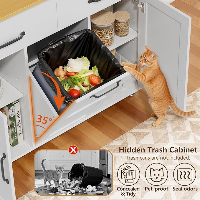 YESHOMY Kitchen Island on Wheels with Trash Cabinet, White & Brown | 56" Mobile Cart with Drop Leaf and Drawers, Rolling Portable Table with Spice Rack & Towel Holder for Dining Room