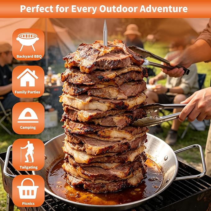 Al Pastor Skewer for Grill, Stainless Steel Vertical Skewer with 3 Removable Spikes (8", 10", 12"), Basting Brushes &Food Tongs, Trompo para Tacos al Pastor, Shawarma Spit Stand for Smoker & Oven