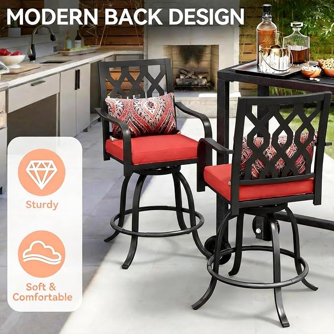 DWVO Metal Outdoor Bar Stools Set of 6, Heavy-Duty Bar Height Outdoor Chairs 352 Lbs Capacity, All-Weather E-Coated Swivel Barstools with Red Cushion & Pillow for Patio Deck Balcony