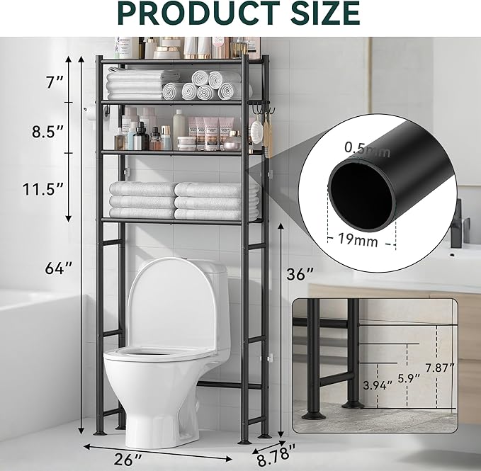 GloTika 4-Tier Over The Toilet Storage, 200lb Total Capacity Metal Bathroom Organizer with 36" Clearance, Includes Paper Holder & 4 Hooks, Space Saving Rack for Bathroom Laundry Room (64" H, Black)